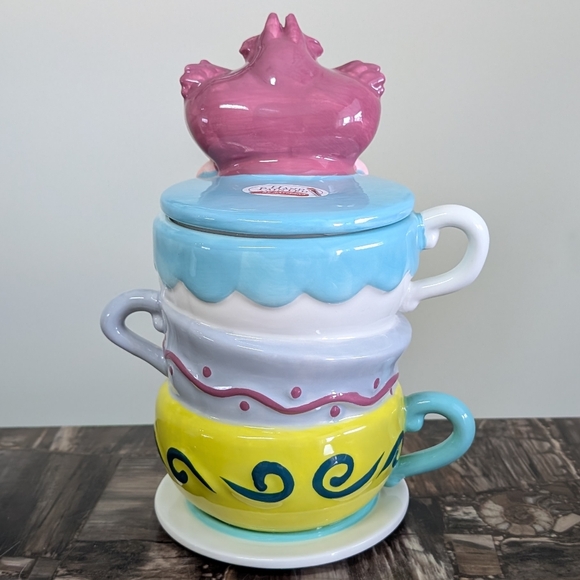 Disney Alice In Wonderland Cheshire Cat Stacked Teacups Canister Cookie Jar 🫙 - Picture 2 of 8